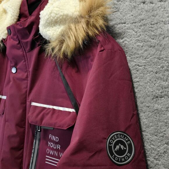 LEDUNTINO “Find Your Own Way” Red Faux Fur Hood Winter Coat Mens Sz XL Layering - Picture 6 of 16